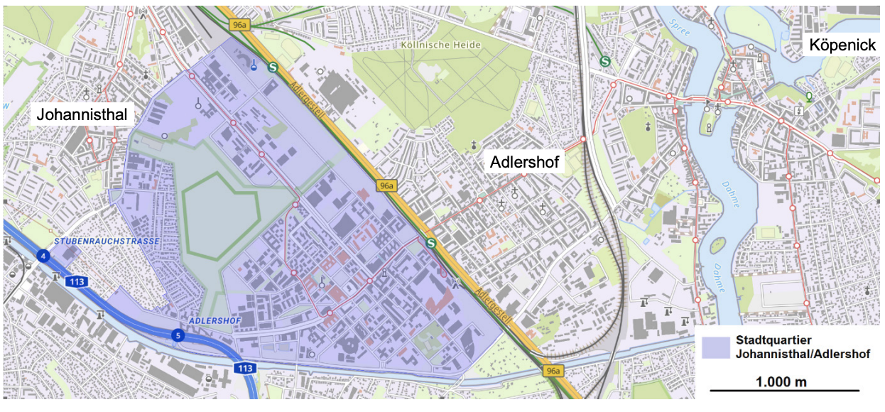 Karte des Stadtquartiers Johannisthal/Adlershof in Berlin mit angrenzendem Köpenick.